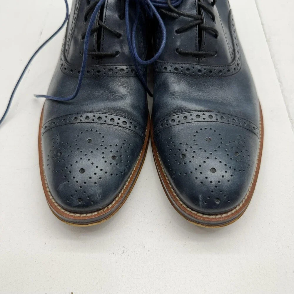 Johnston & Murphy Dress Shoes Mens Size 10.5 Blue Leather Oxford Brogue Cap Toe